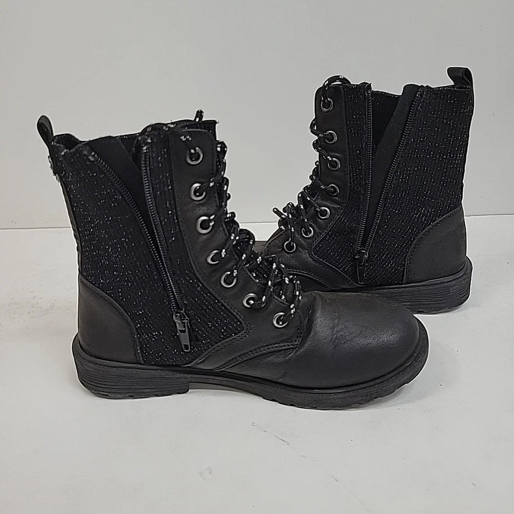Blowfish Girls Black Glitter Combat Boots Sz 3 Lace-Up Lug Sole‎ Side Zip Cute